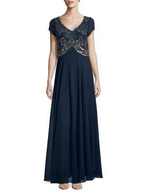 J Kara Petite Beaded Short-sleeve Gown