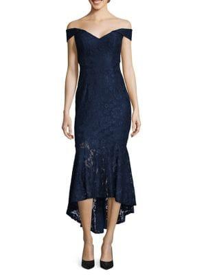 Xscape Petite Off-the-shoulder Hi-lo Flounce Lace Dress