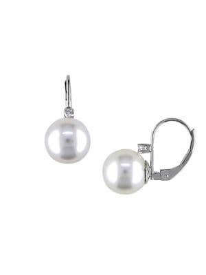 Sonatina 14k White Gold, 9-10mm White Round Pearl & Diamond Stud Earrings