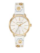 Michael Kors Portia Goldtone And Leather Floral Applique Strap Watch