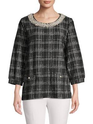 Karl Lagerfeld Paris Pearl-embellished Plaid Top