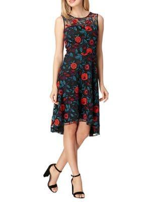 Tahari Arthur S. Levine Embroidered Floral Illusion Hi-lo Dress