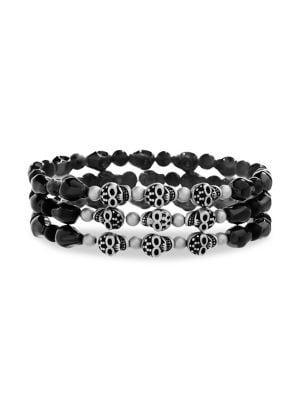 Lord & Taylor 3-piece Stainless Steel & Beaded Skull Bracelet Set