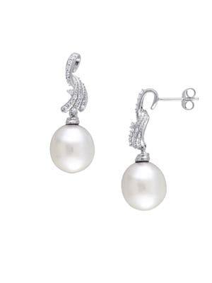 Sonatina 11-11.5mm South Sea Cultured Pearl, Diamond And 14k White Gold Swirl Earrings