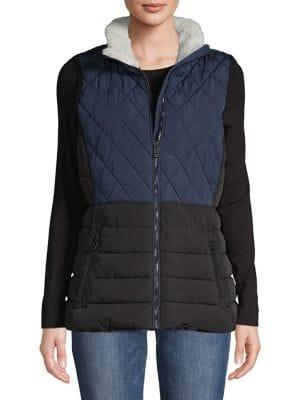 Calvin Klein Performance Faux Fur-trimmed Quilted Colorblock Vest