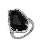 Lord & Taylor Sterling Silver Black Onyx Ring With Diamond Accents