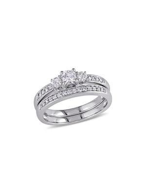 Sonatina Two-piece 14k White Gold And Diamond 3-stone Bridal Rings Set