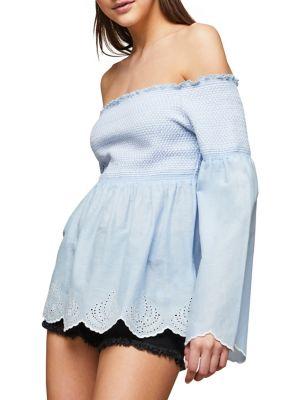 Miss Selfridge Embellished Bell-sleeve Cotton Bardot Top