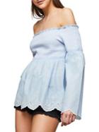 Miss Selfridge Embellished Bell-sleeve Cotton Bardot Top