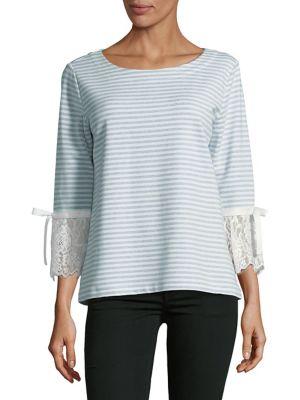 Karl Lagerfeld Paris Striped Lace Bell Sleeve Top