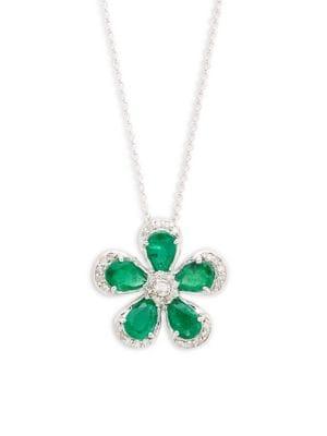 Effy 14k White Gold Diamond & Emerald Flower Pendant Necklace