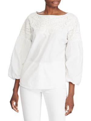 Lauren Ralph Lauren Embroidered Puff-sleeve Cotton Top