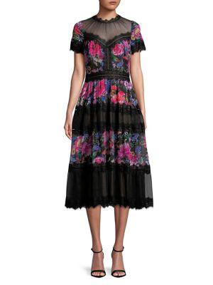 Tadashi Shoji Floral Print And Sheer Mesh Dress