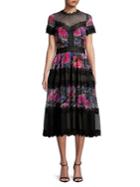 Tadashi Shoji Floral Print And Sheer Mesh Dress