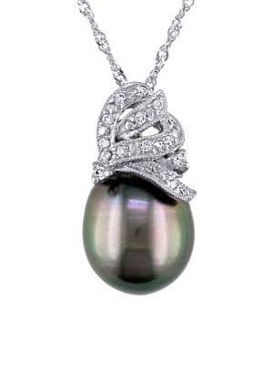 Sonatina 18k White Gold, 10-10.5mm Black Tahitian Pearl & Diamond Pendant Necklace