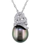 Sonatina 18k White Gold, 10-10.5mm Black Tahitian Pearl & Diamond Pendant Necklace