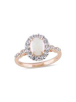 Sonatina 14k Rose Gold, Opal, White Topaz & Diamond Halo Vintage Ring