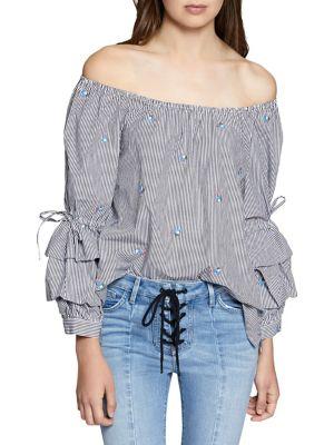Sanctuary Saffron Striped Off-the-shoulder Cotton Blouse