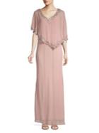 J Kara Embellished Cape Evening Gown