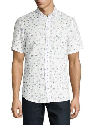 Black Brown Floral Short-sleeve Linen Shirt