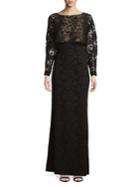 Tadashi Shoji Floral Lace Long-sleeve Gown
