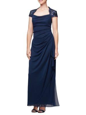 Alex Evenings Ruched Short-sleeve Evening Gown
