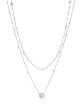 Crislu Dangling Gems Sterling Silver Layered Pendant And Bezel Necklace