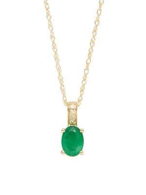 Lord & Taylor 14k Yellow Gold Diamond And Emerald Pendant Necklace