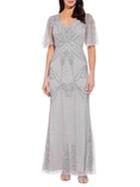 Adrianna Papell Beaded Mesh V-neck Gown