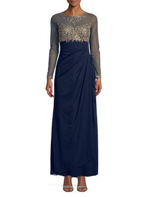 Xscape Petite Embroidered Long-sleeve Gown