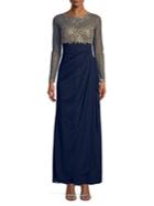 Xscape Petite Embroidered Long-sleeve Gown