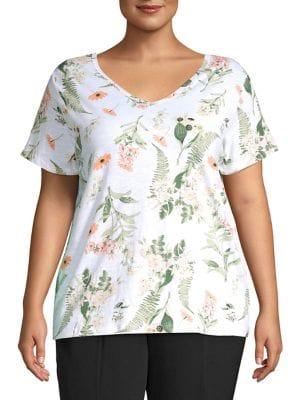 Lord & Taylor Plus Botanical V-neck Slub Tee