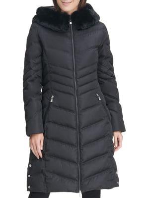 Karl Lagerfeld Paris Faux Fur Trimmed Long Puffer Jacket