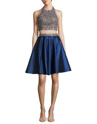 Glamour By Terani Couture Two-piece Embroidered Halter Top And Skirt Set
