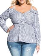 City Chic Plus Stripe Cotton-blend Cold-shoulder Top