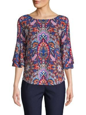 Context Printed Bell-sleeve Top