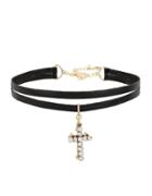Betsey Johnson Double Cross Charm Two- Row Black Choker Necklace