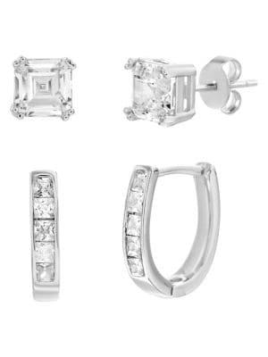 Lord & Taylor 2-pair Rhodium-plated Sterling Silver & Crystal Huggie Hoop & Stud Earrings