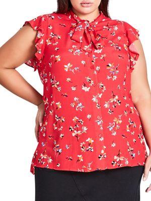 City Chic Plus Flower-print Flutter-sleeve Top