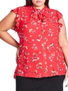 City Chic Plus Flower-print Flutter-sleeve Top