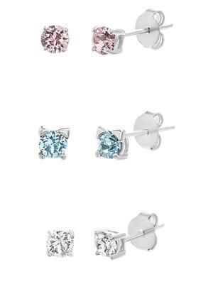 Lord & Taylor Set Of Three 925 Sterling Silver & Swarovski Crystal Stud Earrings