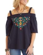 Democracy Wide Casing Cold Shoulder Embroidered Top