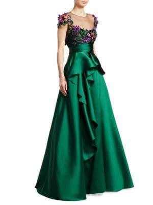 Marchesa Notte Cap-sleeve Floral Ruffle Skirt Gown