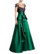 Marchesa Notte Cap-sleeve Floral Ruffle Skirt Gown