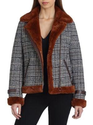 Avec Les Filles Plaid Faux Fur Lined Biker Jacket