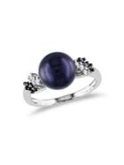 Sonatina Sterling Silver, 9-9.5mm Black Round Cultured Freshwater Pearl & Black & White Diamond Solitaire Ring