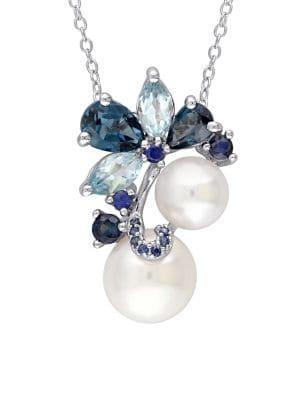 Sonatina Sterling Silver, 8.5-9mm & 7-7.5mm White Round Pearl, Multicolored Topaz & Sapphire Pendant Necklace