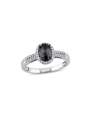 Sonatina 14k White Gold, Black Diamond And Diamond Oval Halo Engagement Ring