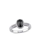 Sonatina 14k White Gold, Black Diamond And Diamond Oval Halo Engagement Ring