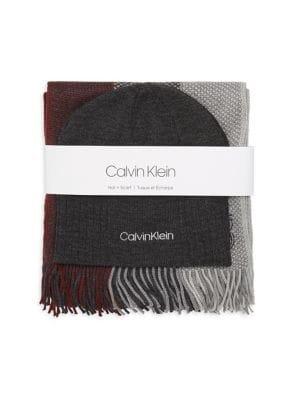 Calvin Klein Two-piece Ribbed Beanie & Three-panel Raschel Scarf Set